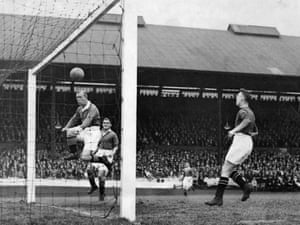 Hughie Gallacher heads in for Chelsea against Manchester United in a 6-2 win in September 1930.