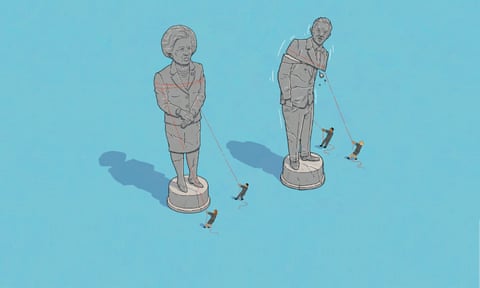 illustration: statues of margaret thatcher and tony blair being torn down