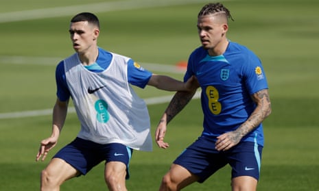 Phil Foden and Kalvin Phillips during an England training session in Doha.