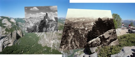 The exhibition includes Ansel Adams’ work in conversations with new artists’ work, such as this piece by Mark Klett & Byron Wolfey: “View from the handrail at Glacier Point overlook, connecting views from Ansel Adams to Carleton Watkins, 2003.”