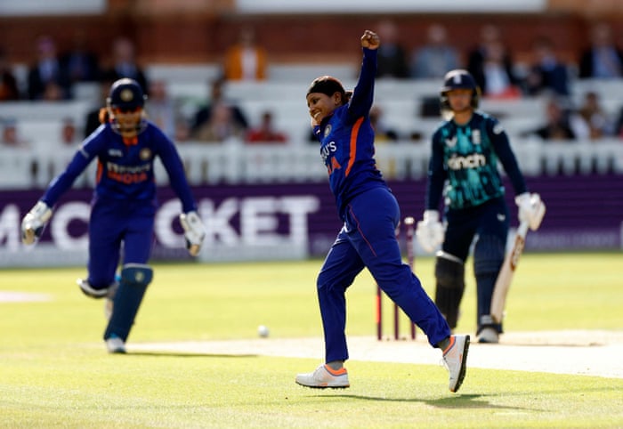 India's Rajeshwari Gayakwad celebrates after taking the wicket of England's Danni Wyatt.