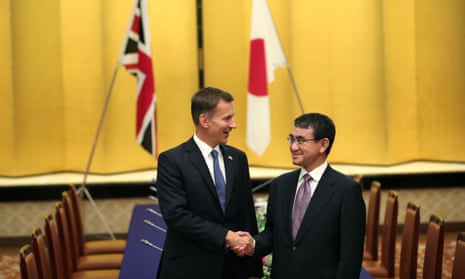 Jeremy Hunt (left) shakes hands with Japan’s foreign minister Taro Kono during the Japan-UK strategic dialogue in Tokyo