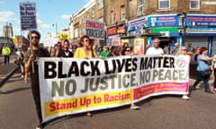 Protest to mark anniversary of the shooting of Mark Duggan<br>epa05458852 People protest in London, Britain, 06 August 2016. The group is commemorating the fifth anniversary of the death of Mark Duggan, who was shot by police attempting to arrest him in August 2011. EPA/SEAN DEMPSEY