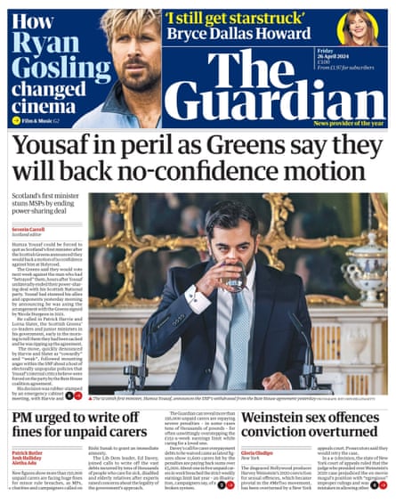 Guardian front page, Friday 26 April 2024