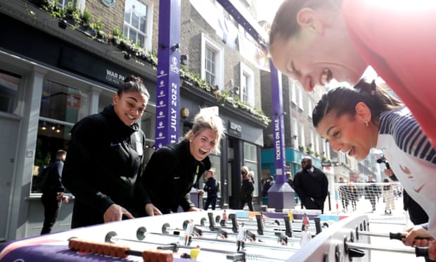Germany’s Ann-Katrin Berger (top right) and France’s Kenza Dali (bottom right) play England’s Jess Carter (left) and Millie Bright at table football at the Women’s Euro 2022 launch event
