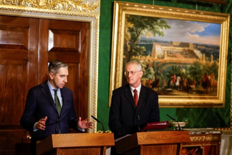 Hilary Benn, the Northern Ireland secretary (right) and Simon Harris, the tánaiste, holding a press conference at Hillsborough to announce the plans for a new Troubles ‘legacy framework’.