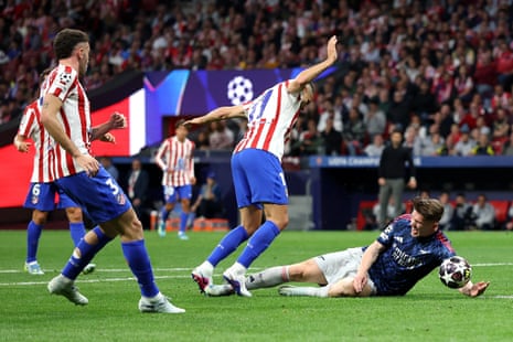 Gyoekeres of Arsenal is fouled by David Hancko of Atletico de Madrid leading to a penalty being awarded