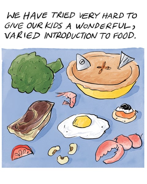 Becky Barnicoat cartoon on feeding the kids, panel 1