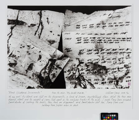 Blood spattered documents, from William Yang’s My Uncle’s Murder series, in 2008