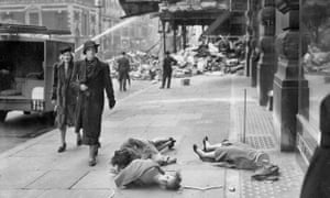 Mannequins blown onto the pavement after a bombing raid on London.
