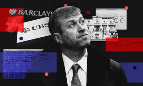 Illustration of Roman Abramovich with Barclays and UBS logos