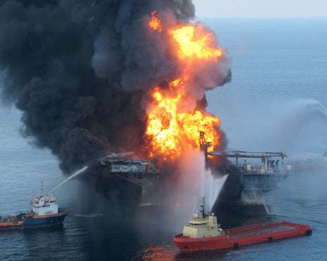 TO GO WITH AFP STORY BY ANDREW BEATTY (FILES) This file handout photo taken on April 21, 2010 by the US Coast Guard shows fire boat response crews as they battle the blazing remnants of the BP operated off shore oil rig, Deepwater Horizon, in the Gulf of Mexico. The White House blocked new leases for oil and gas drilling in sections of the Arctic and Atlantic on December 20, 2016, a high-stakes bid to forestall exploration and tie Donald Trumpâs hands. The Hawaii-born presidentâs second year in office was dominated by the catastrophic Deepwater Horizon oil spill, which poured millions of barrels of oil into the Gulf of Mexico. The spill could not be stopped for 87 days, devastating wildlife and fishing-dependent communities in Louisiana, Mississippi, Florida, and Alabama. / AFP PHOTO / US Coast Guard / HO / RESTRICTED TO EDITORIAL USE - MANDATORY CREDIT âAFP PHOTO / US COAST GUARDâ - NO MARKETING NO ADVERTISING CAMPAIGNS - DISTRIBUTED AS A SERVICE TO CLIENTS HO/AFP/Getty Images