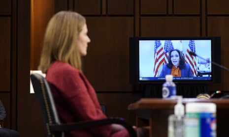 Judge Amy Coney Barrett Confirmation Hearings, Washington, District of Columbia, USA - 13 Oct 2020<br>Mandatory Credit: Photo by REX/Shutterstock (10952321be) United States Senator Kamala Harris (Democrat of California), the 2020 Democratic Party nominee for Vice President of the US, speaks virtually during a confirmation hearing for Supreme Court nominee Amy Coney Barrett before the Senate Judiciary Committee,, on Capitol Hill in Washington. Judge Amy Coney Barrett Confirmation Hearings, Washington, District of Columbia, USA - 13 Oct 2020
