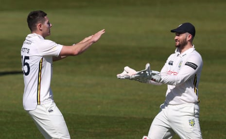 Durham bowler Matthew Potts celebrates the wicket of Lancashire’s George Balderson, with wicketkeeper Ollie Robinson
