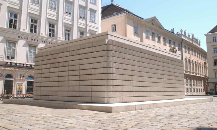 Holocaust memorial sculpture, a white cube of concrete blocks, by Rachel Whiteread in Judenplatz, Vienna, Austria.