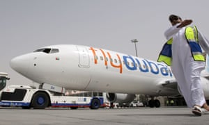 A Flydubai Boeing 737-800 on the tarmac at Dubai airport.