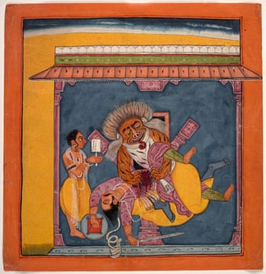 Devidasa (attrib) ‘Vishnu as the man-lion Narasimha killing Hiranyakashipu’ c1690–1700, opaque watercolour and gold on paper, 17 x 18 cm, Art Gallery of New South Wales, Peter and Pam Binnie Bequest, purchased 2020.
