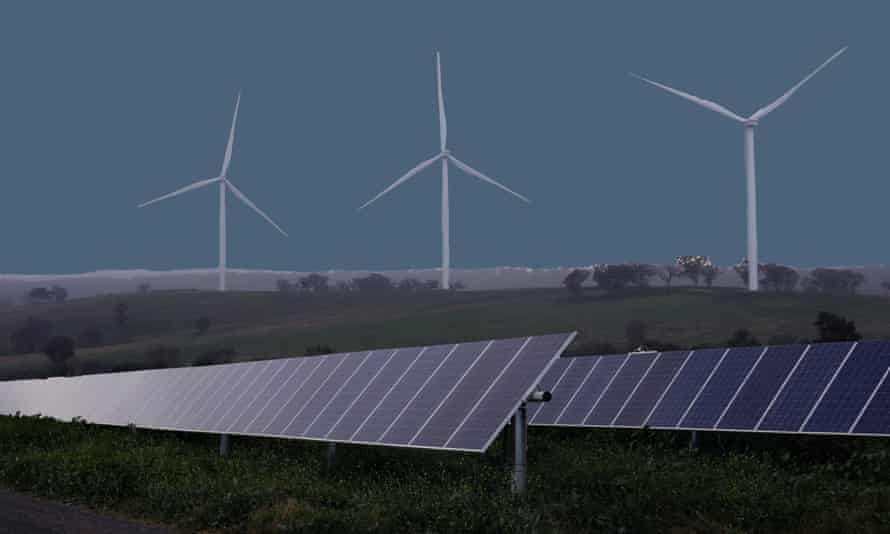 Solar panels and wind farms in NSW. The Institute of Public Affairs paid to push targeted Facebook ads based on a ‘faulty analysis’ claiming net zero would cause massive job losses.