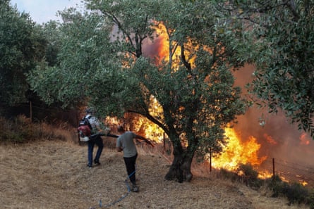 People try to extinguish a fire in the town of Plomari on the Greek island of Lesbos on Wednesday.