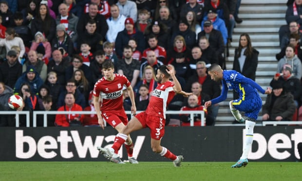 Hakim Ziyech fires in to double Chelsea’s lead against Middlesbrough.