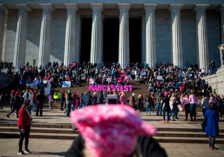 People gather on the steps of the Lincoln Memorial during the Women’s March.