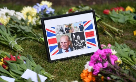 Flowers and messages left outside Windsor Castle in memory of Prince Philip, April 2021