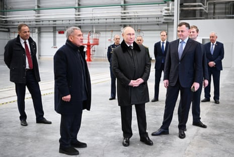 Russian president Vladimir Putin visits the Kazan aviation factory named after Sergei Gorbunov, a branch of the Tupolev military industry company, in Kazan, Russia on Wednesday.