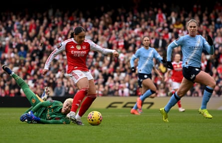 Olivia Smith scores Arsenal’s first goal against Manchester City at the Emirates Stadium in February 2026