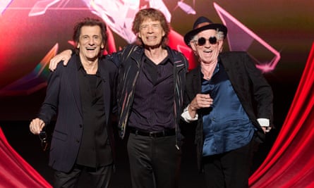 Ronnie Wood, Mick Jagger and Keith Richards of Rolling Stones pose during the on-stage photocall at Rolling Stones’ Hackney Diamonds album launch event
