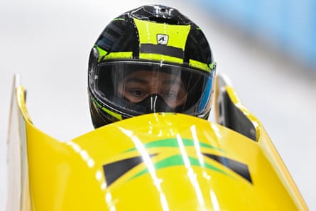 Jamaica’s Jazmine Fenlator-Victorian takes part in a women’s monobob bobsleigh training session at Yanqing.