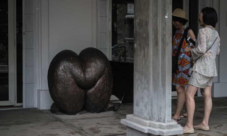 A sculpture of a coco de mer shell in front of a post office on Mahe island, Seychelles, November 2019