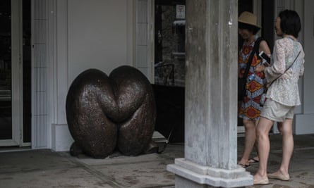A sculpture of a coco de mer shell in front of a post office on Mahé island, Seychelles, November 2019