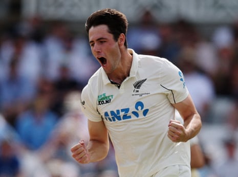 New Zealand's Will O'Rourke celebrates after taking the wicket of England's Jacob Bethell after the catch by Tom Latham.