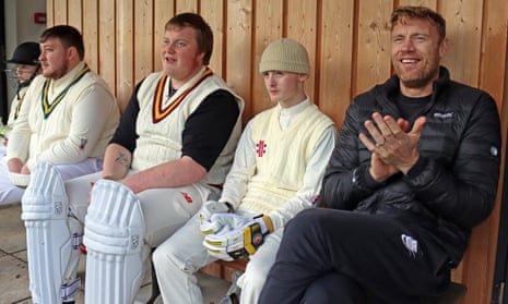 Freddie Flintoff with some of his young recruits at Patterdale Cricket Club.