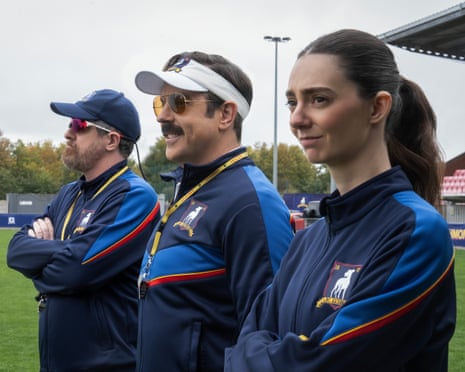 Brendan Hunt, Jason Sudeikis and Tanya Reynolds in Ted Lasso season four.
