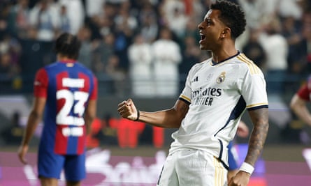 Rodrygo celebrates scoring Real Madrid’s final goal of the game