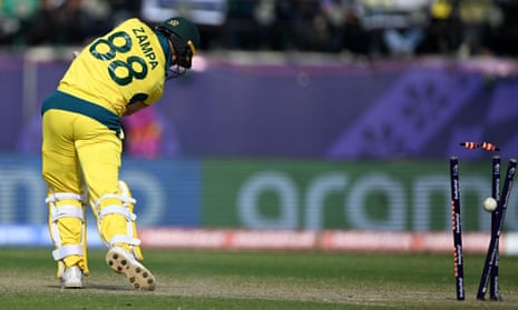 Adam Zampa is clean bowled to end Australia’s innings.