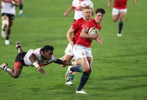 British and Irish Lions’ Louis Rees-Zammit scores their first try.