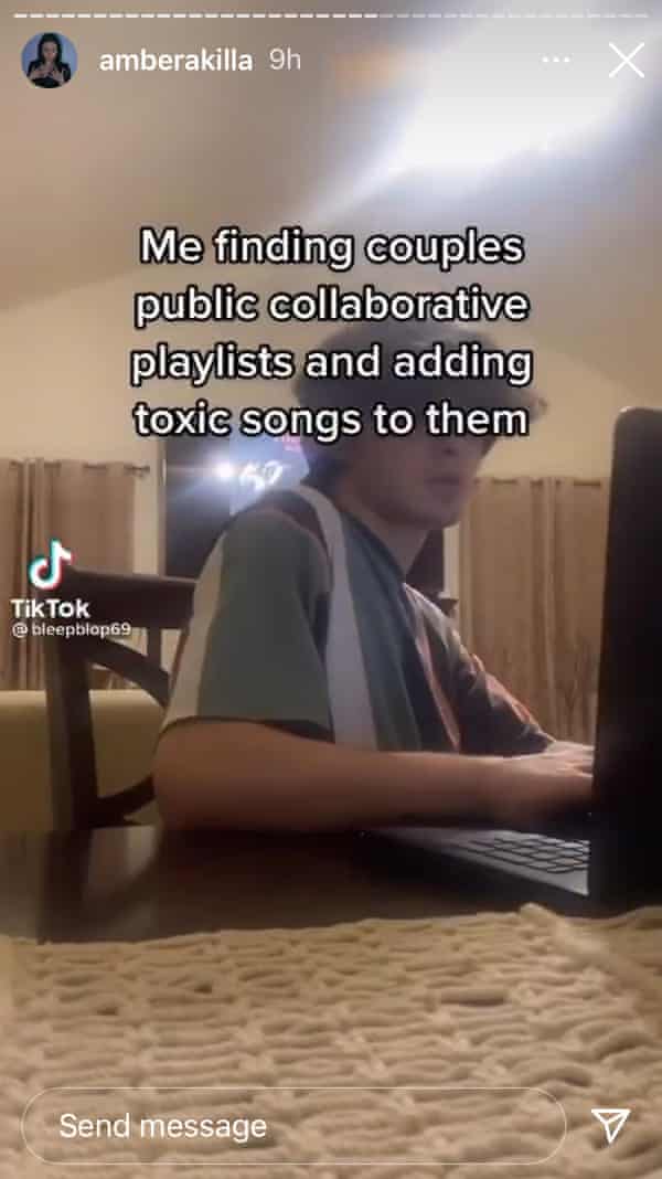 A screenshot from one of Amber Akilla’s Tiktok dumps, captioned 'Me finding couples public collaborative playlists and adding toxic songs to them'.