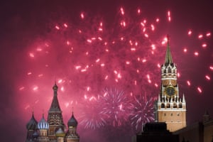 Moscow, RussiaFireworks explode over the the St. Basil’s Cathedral and the Spasskaya Tower in Red Square.