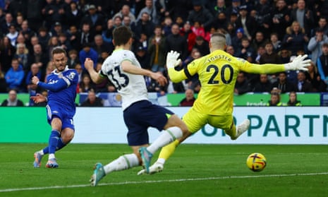 Leicester City's James Maddison scores their second goal past Tottenham Hotspur's Fraser Forster.