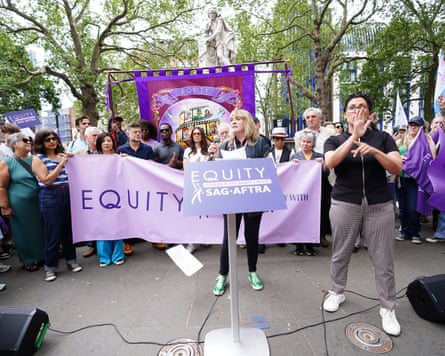 Lynda Rooke speaks during a protest by members of the British actors union Equity