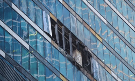 The damaged facade of an office building in Moscow after the Russian capital came under a drone attack, just days after a previous strike.