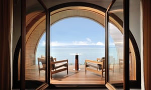 Through the arched window: a balcony at the Hotel Royal Evian.