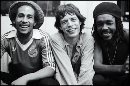 Keep ’em apart Mick … Bob Marley and Peter Tosh (right) with Mick Jagger in 1978.