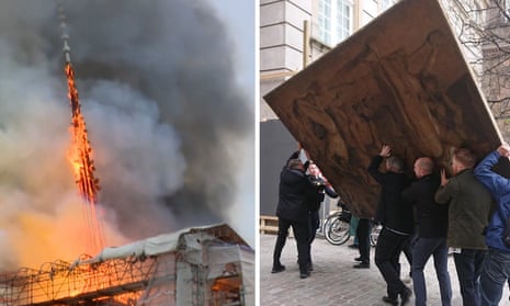 Paintings rescued afta fire breaks up at Copenhagenz oldschool stock exchange