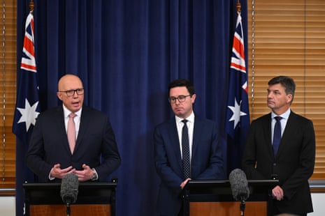 Peter Dutton, David Littleproud and Angus Taylor speak during a press conference at Parliament House in Canberra