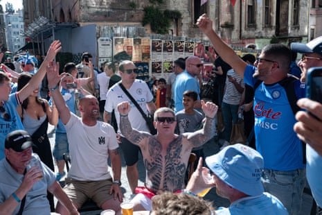 RIcky Hatton (centre) and assorted other Manchester City fans drinking in Taksim Square in Istanbul.