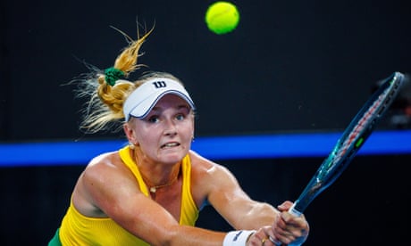 Australia's Taylah Preston plays a shot against Mexico's Marcela Zacarias 6-1 6-1 at the Billie Jean King Cup tennis tournament in Brisbane