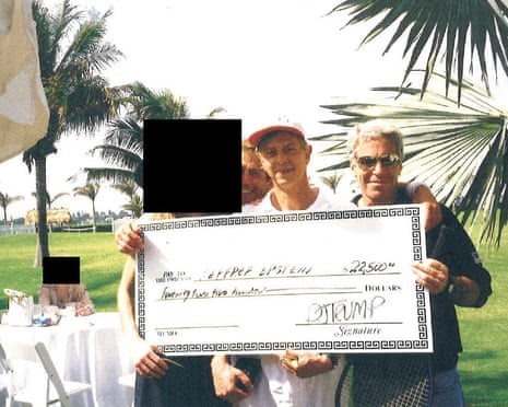 An image from a book compiled for Jeffrey Epstein’s 50th birthday shows Epstein holding a novelty check, released with redaction by House Democrats.